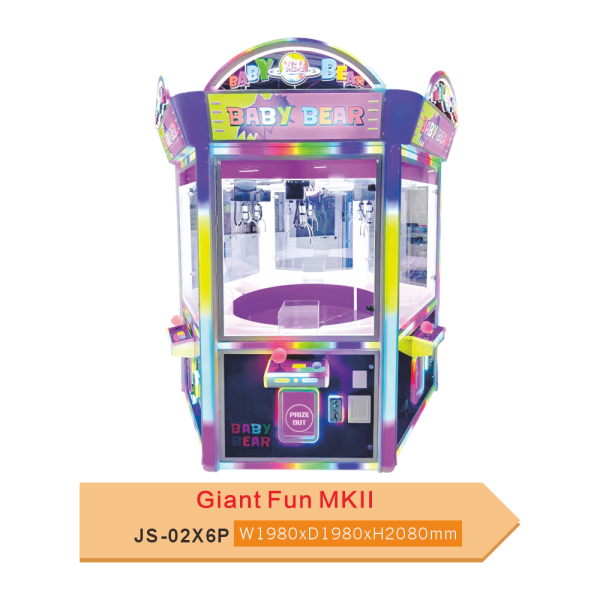 Giant Fun MKII JS-02X6P 6-Player Hexagon Claw Machine – Baby Bear Carousel Crane Arcade with Prize Out Console